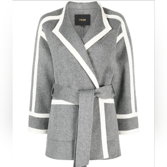Maje Gray and White Belted Coat Size 40 - Picture 1 of 7